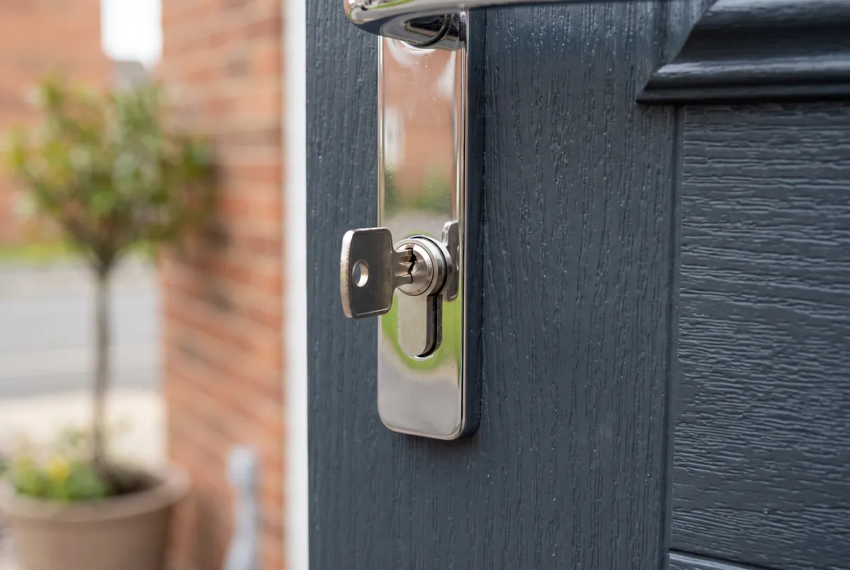 A chrome high-security cylinder lock on a grey composite door