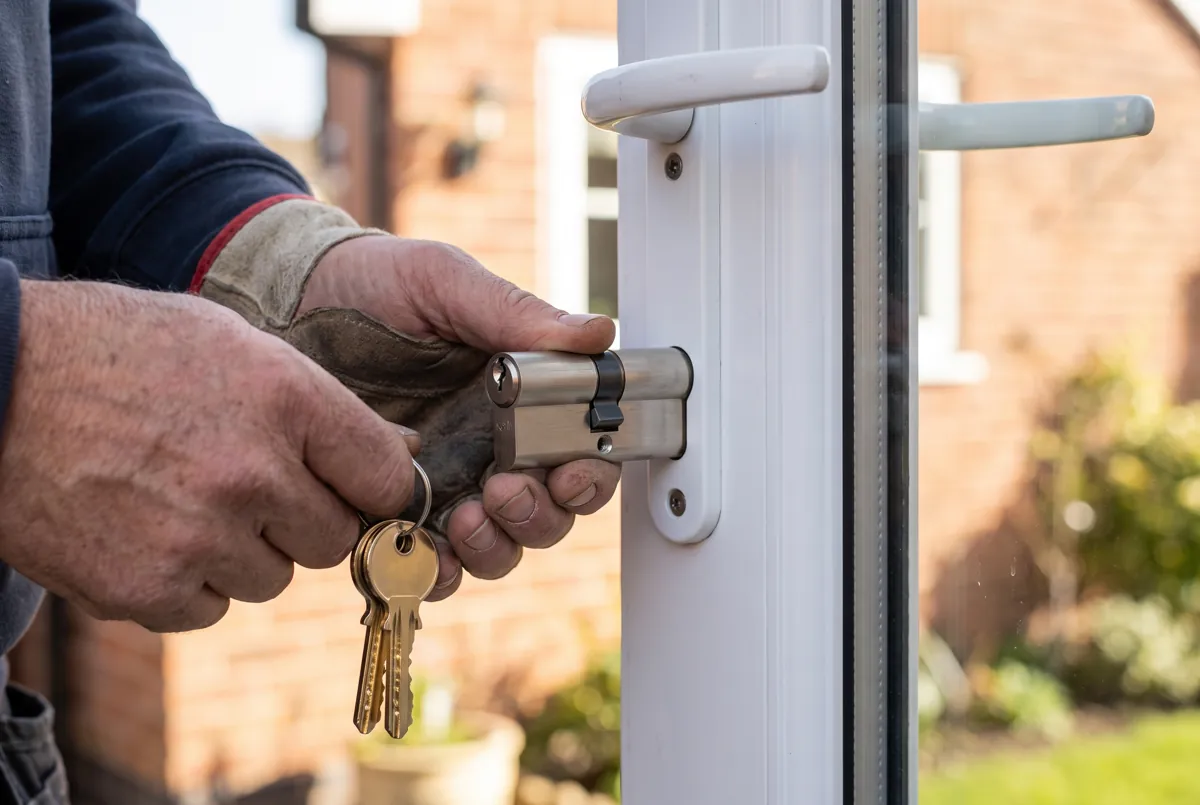 A new euro cylinder lock and keys being fitted to a uPVC door