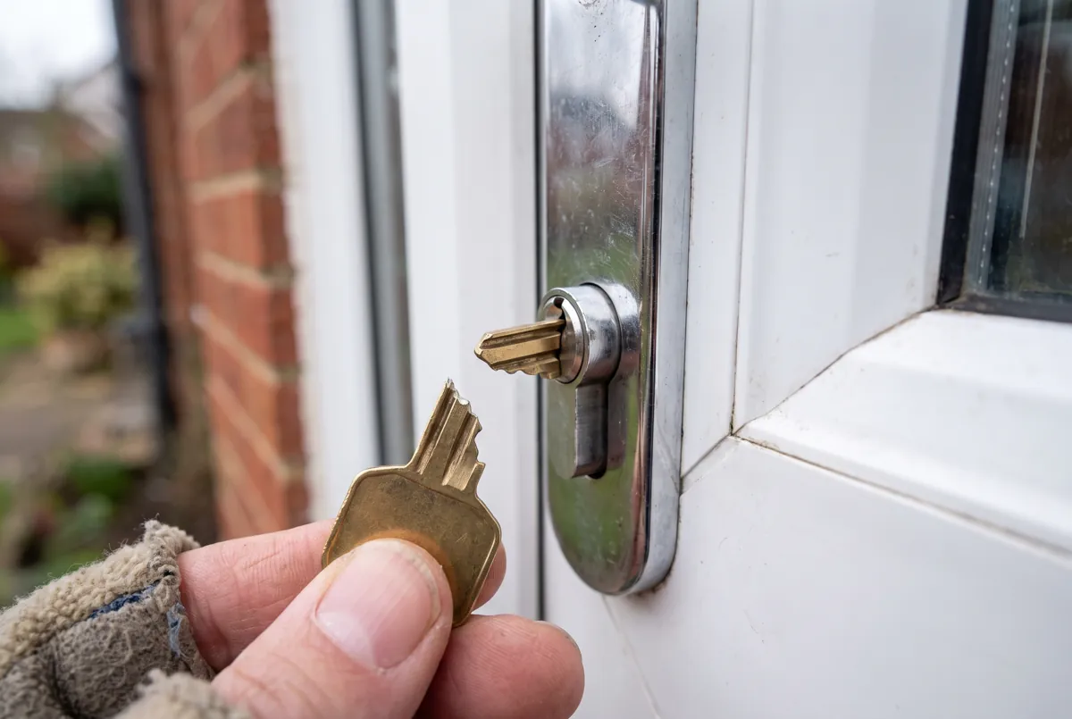A broken key, half still in a door lock