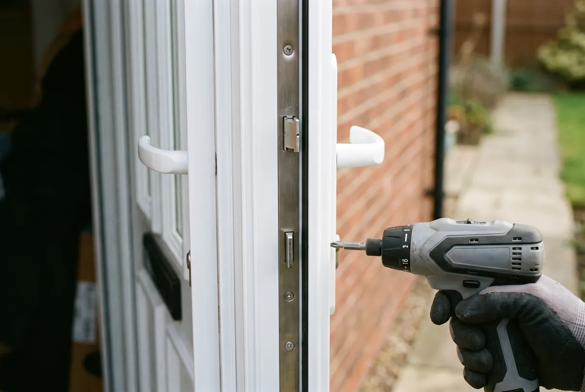 A multipoint lock strip being fixed on the edge of a white uPVC door
