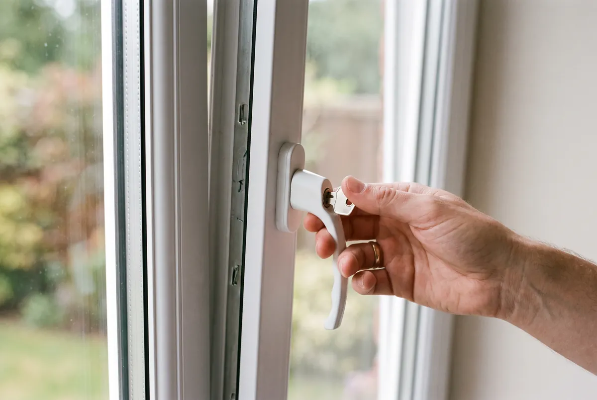 A hand turning a locking uPVC window handle